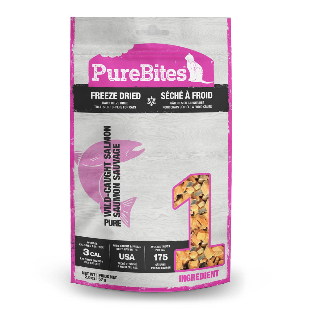 PureBites salmón deshidratado para gatos, sabor intenso y snack de alta proteína.