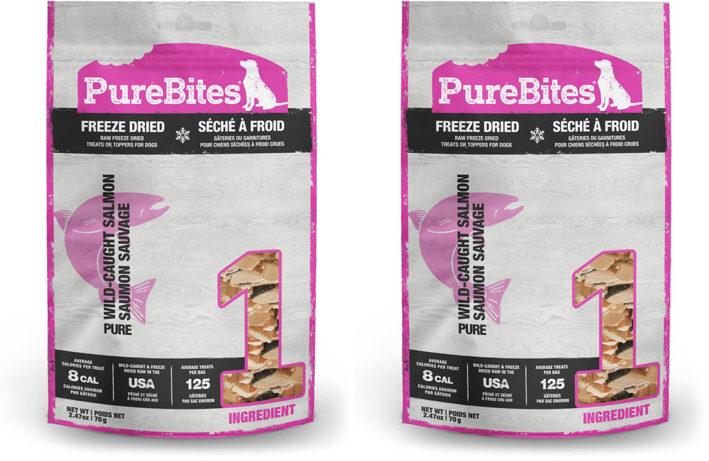 PureBites salmon dog treats packaging highlights single-ingredient salmon for simple snacking.