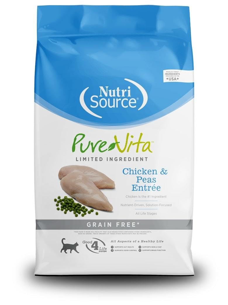 PureVita grain-free-chicken-peas-entree-dry-cat-food-4lbs bag image promotes grain-free meals and reliable daily nutrition.