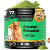 PuriGree dog dental powder jar ready for long-lasting fresh breath support
