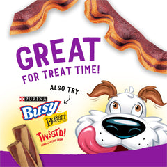 Purina Beggin' Strips bacon-cheese dog-snack-serving on paw-friendly surface for bonding moments.