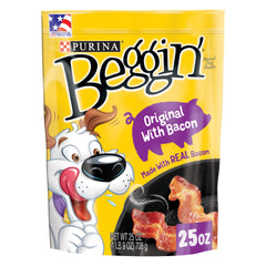 Purina Beggin' Strips bacon pouch open for quick treats.