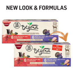 Purina Beyond turkey-sweet-potato-spinach gravy cat food can highlights grain-free meal options.