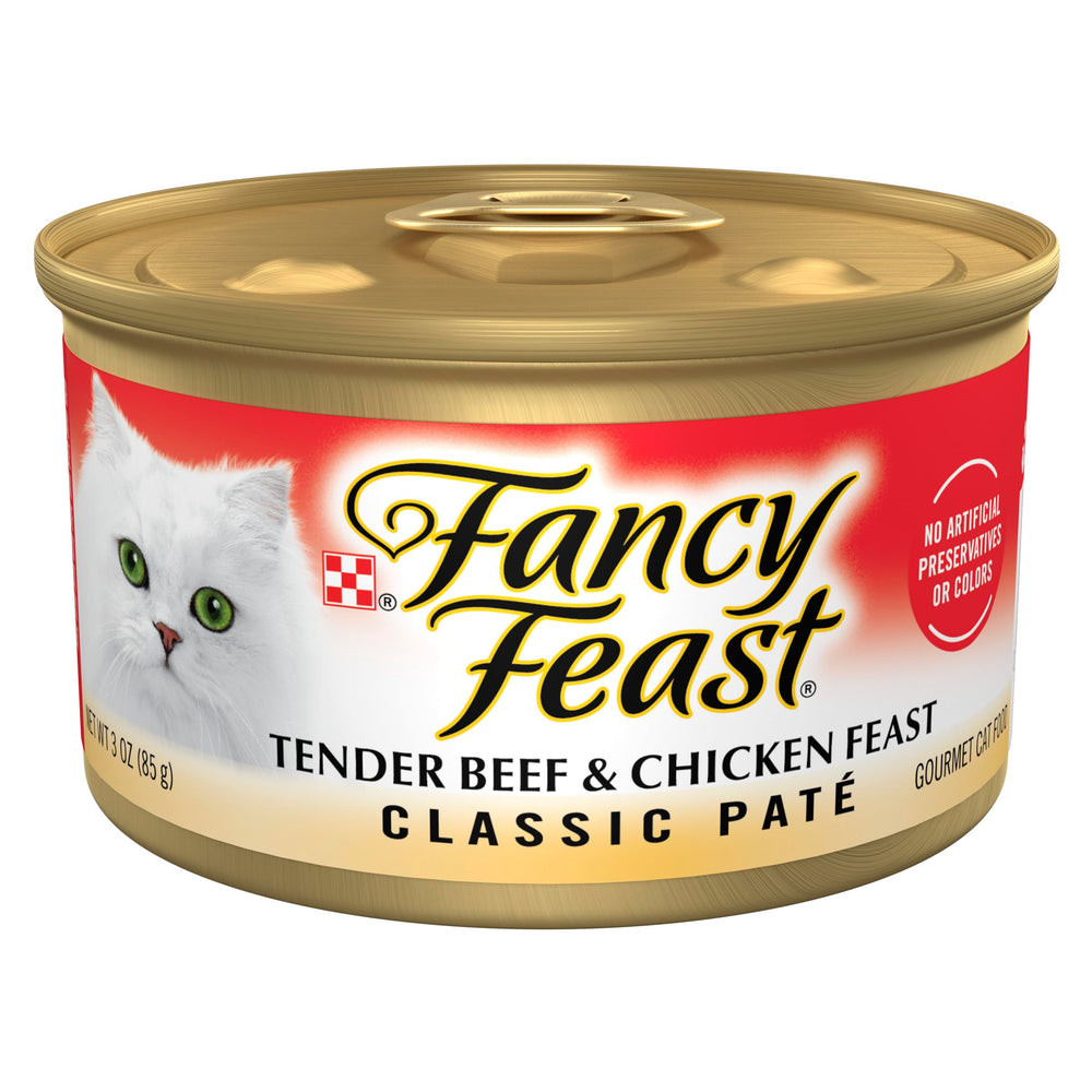Purina Fancy Feast lata ternera y pollo en paté, sabor jugoso para gatos.
