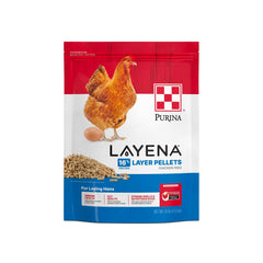 Purina Layena pellets bag front showing balanced nutrition for laying hens.