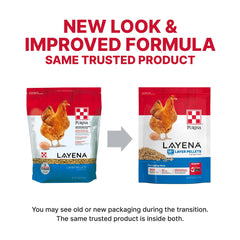 Purina Layena pellets bag side highlights calcium and protein for egg production.