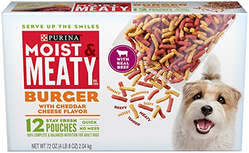 Purina Moist & Meaty Burger with Cheddar bag open shows real meat bites for adult dogs.