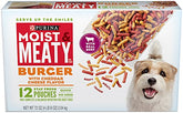 Purina Moist & Meaty Burger with Cheddar bag open shows real meat bites for adult dogs.
