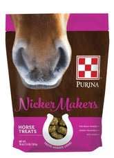 Purina Nicker Makers horse treats bag front, showing easy-to-feed design for training rewards.
