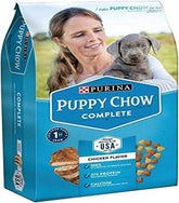 Purina Puppy Chow bag front highlights brand and chicken flavor for growing puppies' energy for daily play.