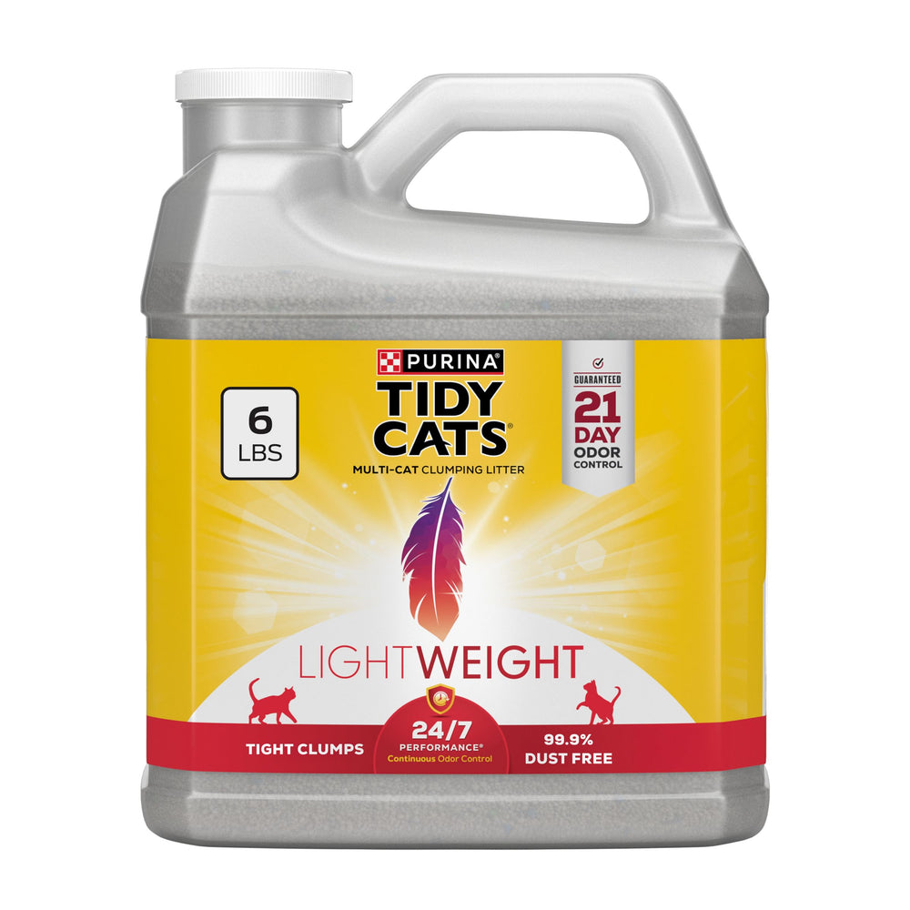 Purina Tidy Cats packaging shows 6 lb jug for multi-cat homes.