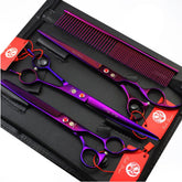 Purple Dragon 8in thinning scissors with angled blade for precise pet grooming cuts