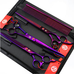Purple Dragon 8in thinning scissors with angled blade for precise pet grooming cuts