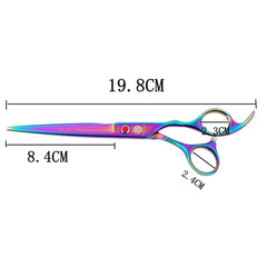 Purple Dragon blade closeup grooming scissors highlight sharp, durable edge for pets.