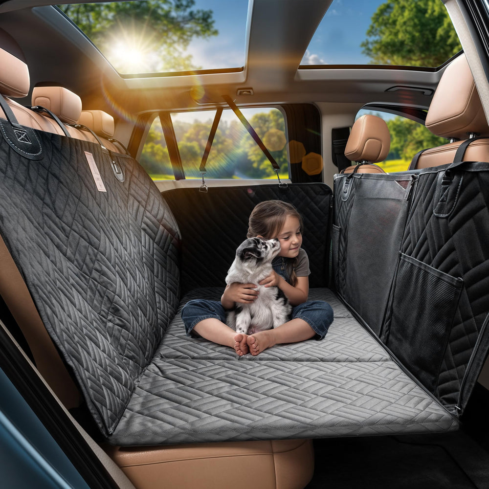 Purrific Pet back seat cover hard bottom protects seats and supports heavy dogs on trips.