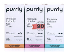 Purrly Healthy Premium Tuna Variety Bundle packaging shows premium protein snack for cats