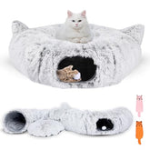 PurrPuff cat tunnel bed cave close-up highlights ultra-plush fabric for cozy naps.