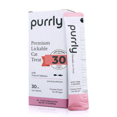 Purrly Squeezable Treats tuna-salmon-puree entices with tuna and salmon puree for hydration.