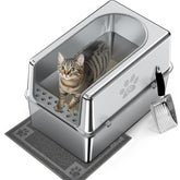 PWTAA enclosed stainless steel cat litter box with lid provides roomy space for large cats.