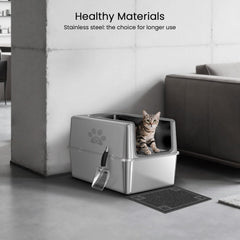 PWTAA metal high-side litter box design helps contain litter and protect privacy.