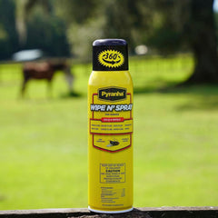 Pyranha Wipe N' Spray applied to a horse during grooming for repellent coverage.