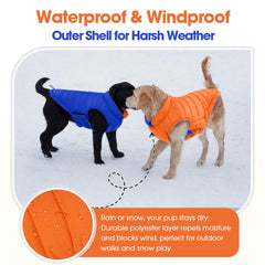 QBLEEV reversible dog jacket orange leash hole enables easy harness attachment.