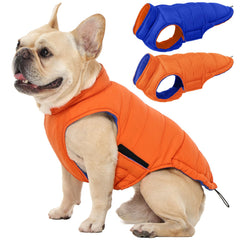 QBLEEV reversible dog jacket orange side view emphasizes two-tone design for two looks.
