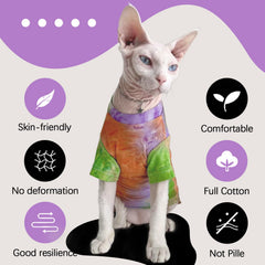QBLEEV Sphynx shirt on model features rainbow design with summer-friendly airflow.