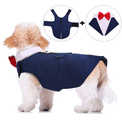 QBLEEV Tuxedo medium dog blue suit details with bow tie, showcases formal elegance
