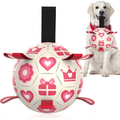 QDAN pink dog toy soccer ball with straps for interactive fetch and tug.