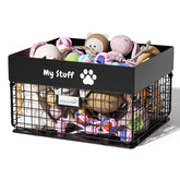 Qeerable dog toy basket front view showing spacious metal storage for toys with easy access