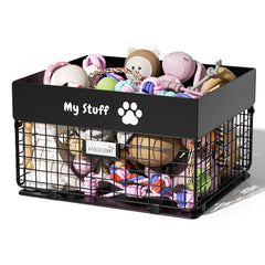 Qeerable dog toy basket front view showing spacious metal storage for toys with easy access