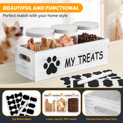 Qeerable dog treat container features wood-plastic design blending with modern kitchen decor.