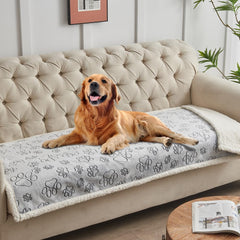 Qeils waterproof large-dog blanket with grey paw print protects furniture.