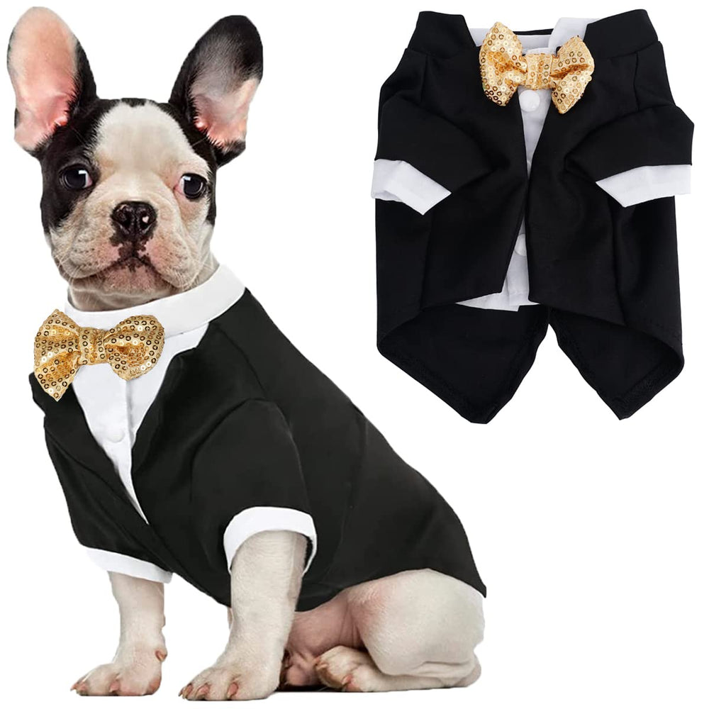 Qidelong dog tuxedo with gold bow front for wedding-ready charm