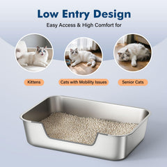 Qiuma stainless steel litter box high-sides protect floors from splashes.