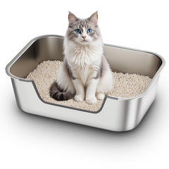 Qiuma stainless steel cat litter box low-entry front eases entry for seniors.