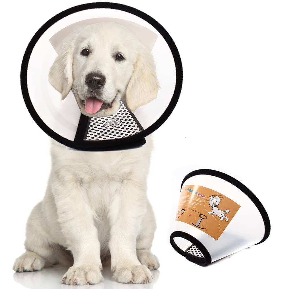 QIYADIN pet recovery cone close-up highlights translucent plastic for comfortable post-surgery wear