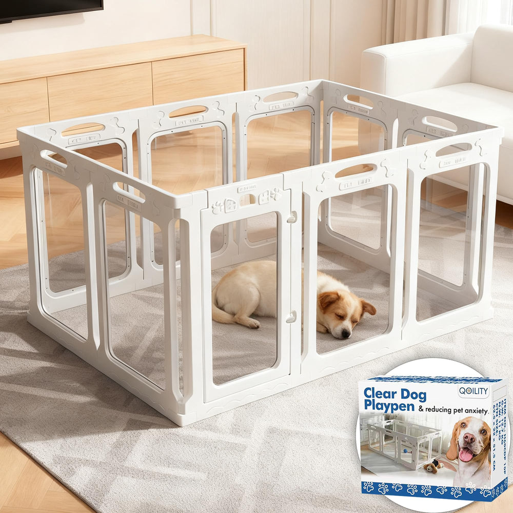 Qoility clear acrylic dog playpen front view with clear panels for easy supervision