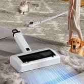 Quamkar Electric Carpet Rake with a 5-section handle extends to 45 inches for easy pet hair cleanup.