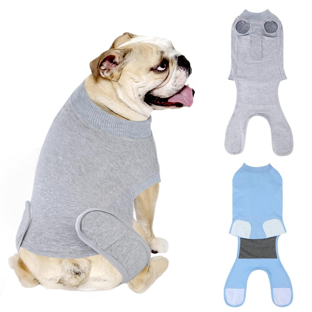 QUEARN breathable cotton dog recovery suit front view for comfortable post-op wear