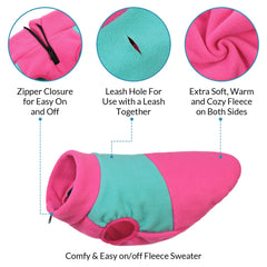 Queenmore dog fleece sweater front-zipper close-up showing easy on-off