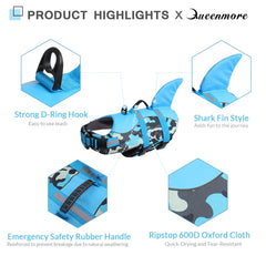 Queenmore dog life jacket back view highlights durable rescue handle for quick grabs