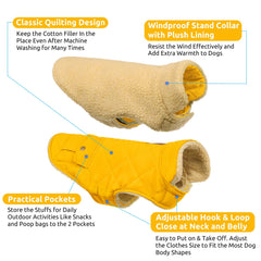Queenmore dog winter coat yellow back view with stylish pockets for treats.
