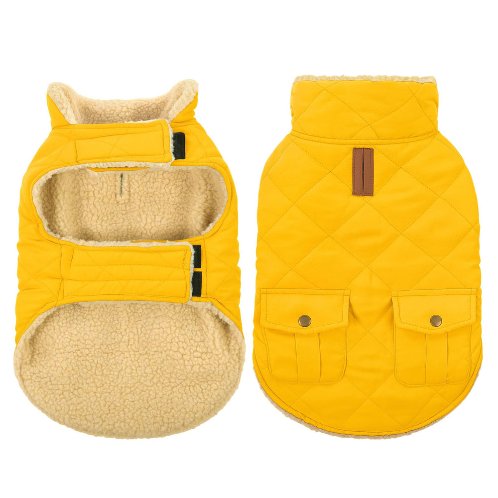 Queenmore dog winter coat yellow front view for easy wear and warmth.