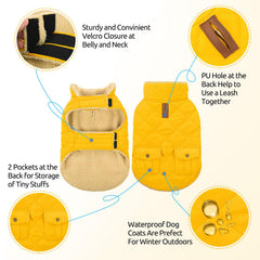 Queenmore dog winter coat yellow side with leash hole enables secure walks.