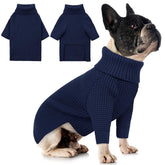 Queenmore navy blue dog turtleneck sweater closeup emphasizes soft knit warmth