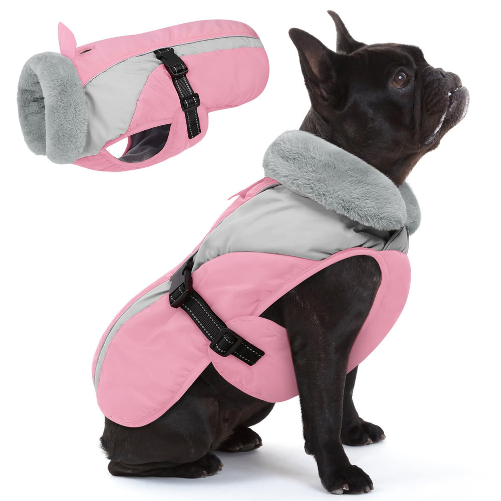 Queenmore small dog coat pink front view with warm fleece for cold walks.