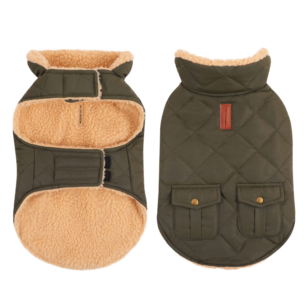Queenmore warm coat green front view shows quilted warmth for cold walks