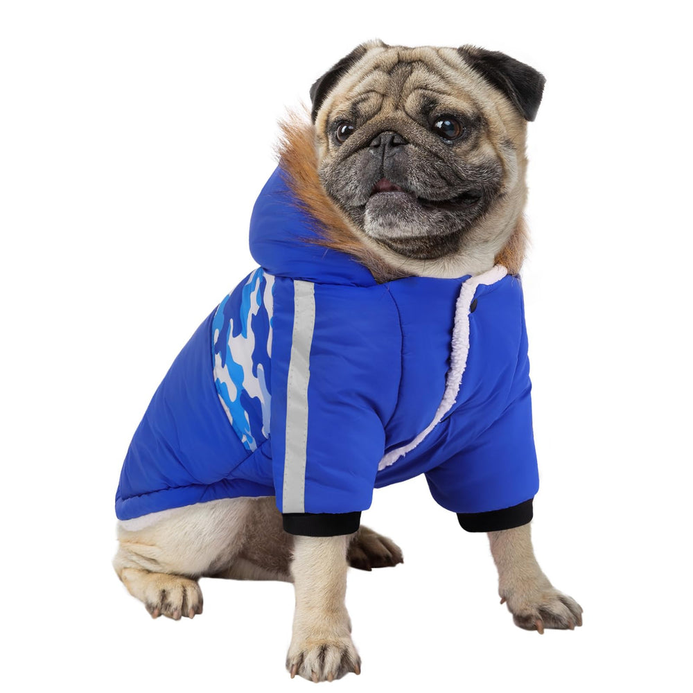 Queenmore warm dog winter coat front view with cozy fleece lining and camouflage shell